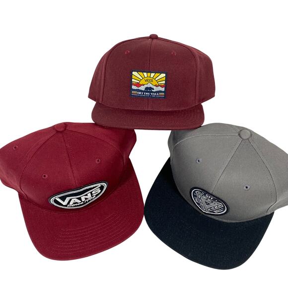 Vans Off The Wall Hat Cap Patch Red Maroon Gray Snapback Skateboarding Lot of 3 - Picture 1 of 10